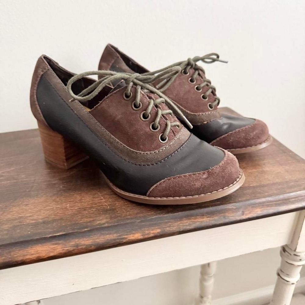 Brown patchwork leather and suede heel whimsigoth grunge y2k oxford size 7
